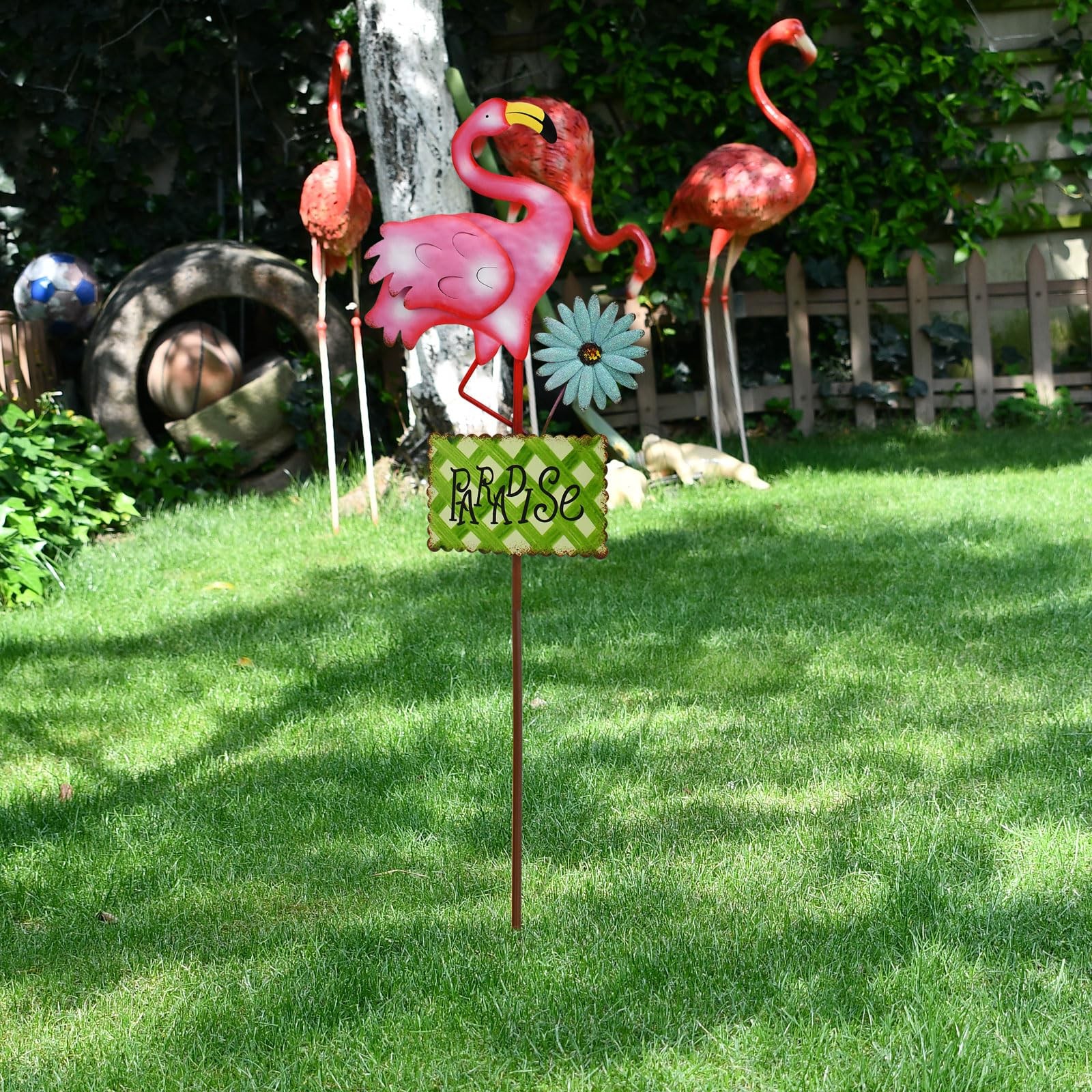 32″H Flamingo Garden Stakes Decor, Outdoor Metal Flamingo Welcome Yard Art St…