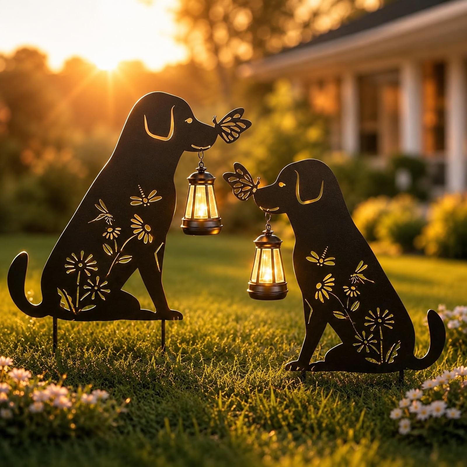 Solar Garden Stake Lanterns – 2 Pack Metal Dog Silhouette Lights for Outdoor