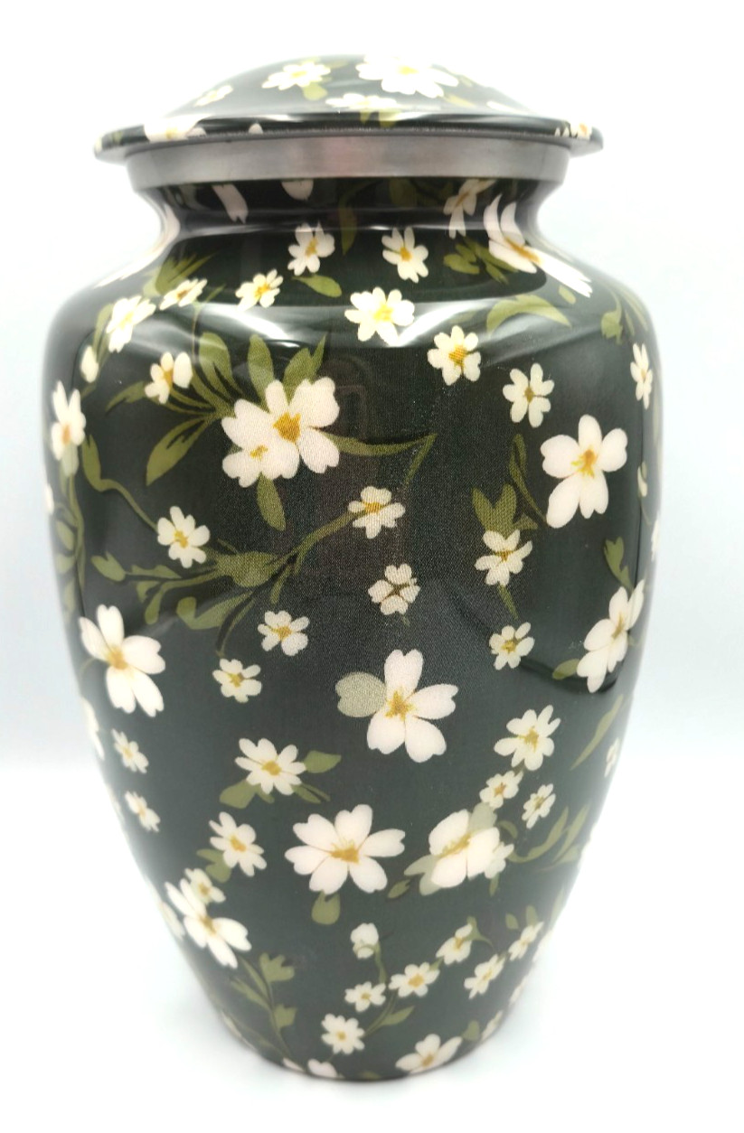 Floral Urn for Ashes for Women W/Elegant White Floral Engraving, Secure Lid, 10″