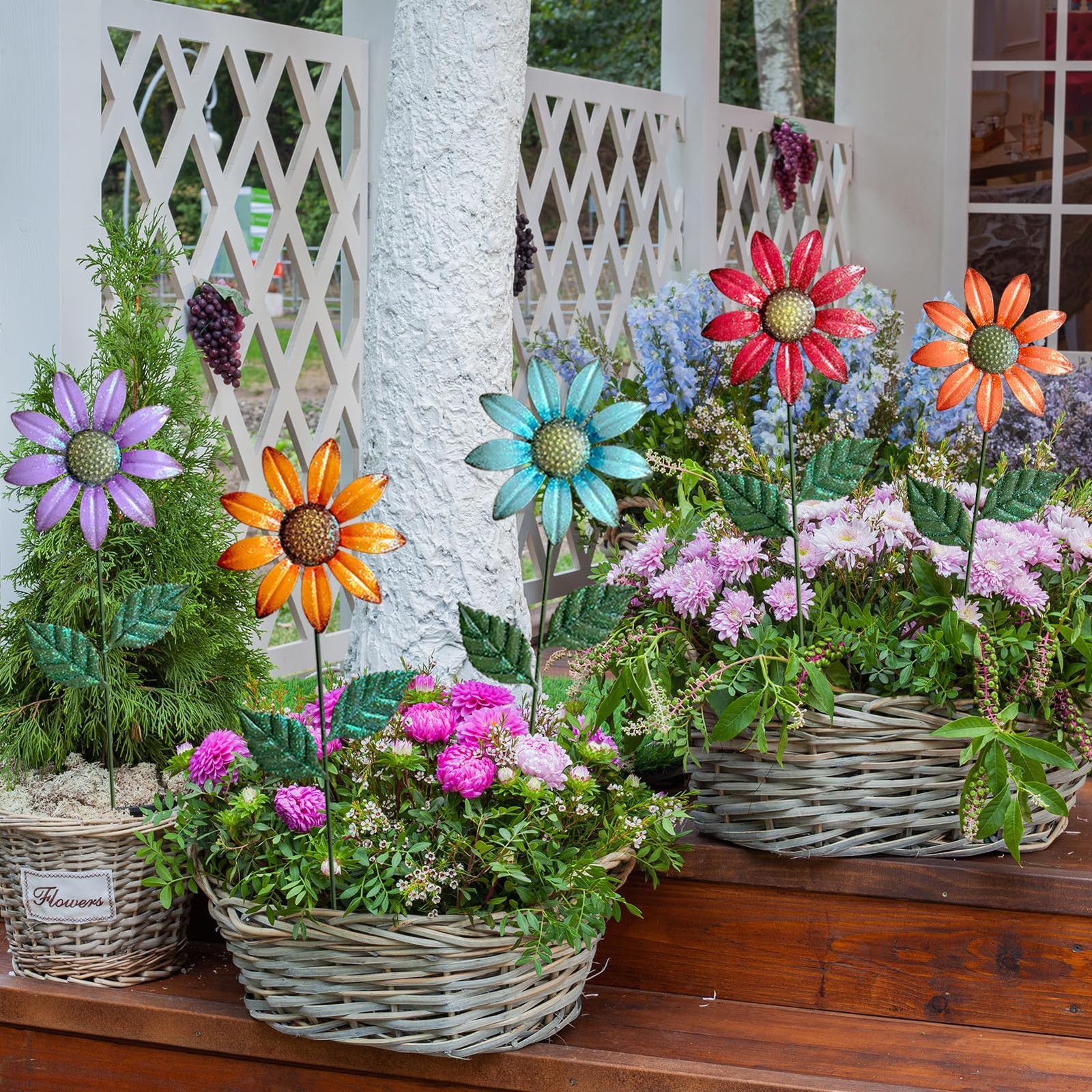 Metal Flowers for Outside,5 Pack 16.15″ Decorative Garden Stakes with Swaying…