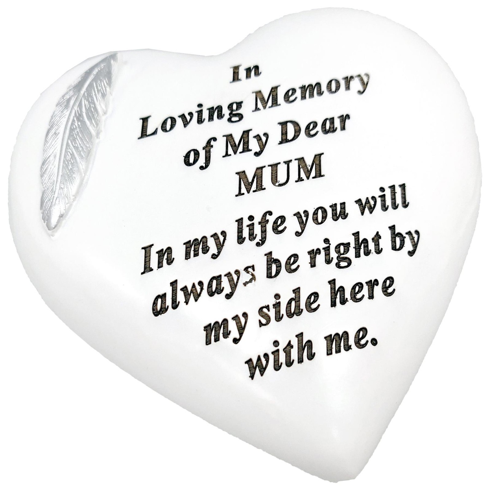 White Graveside Heart Memorial Plaque – Feather Detail – Mum