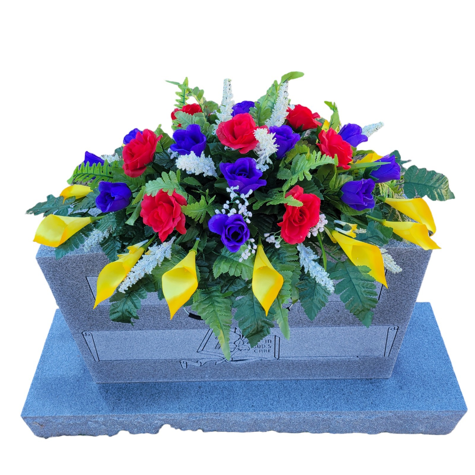 PURPLE/YELLOW/RED HEADSTONE SADDLE WITH ROSES & CALLA LILY’S FOR CEMETERY