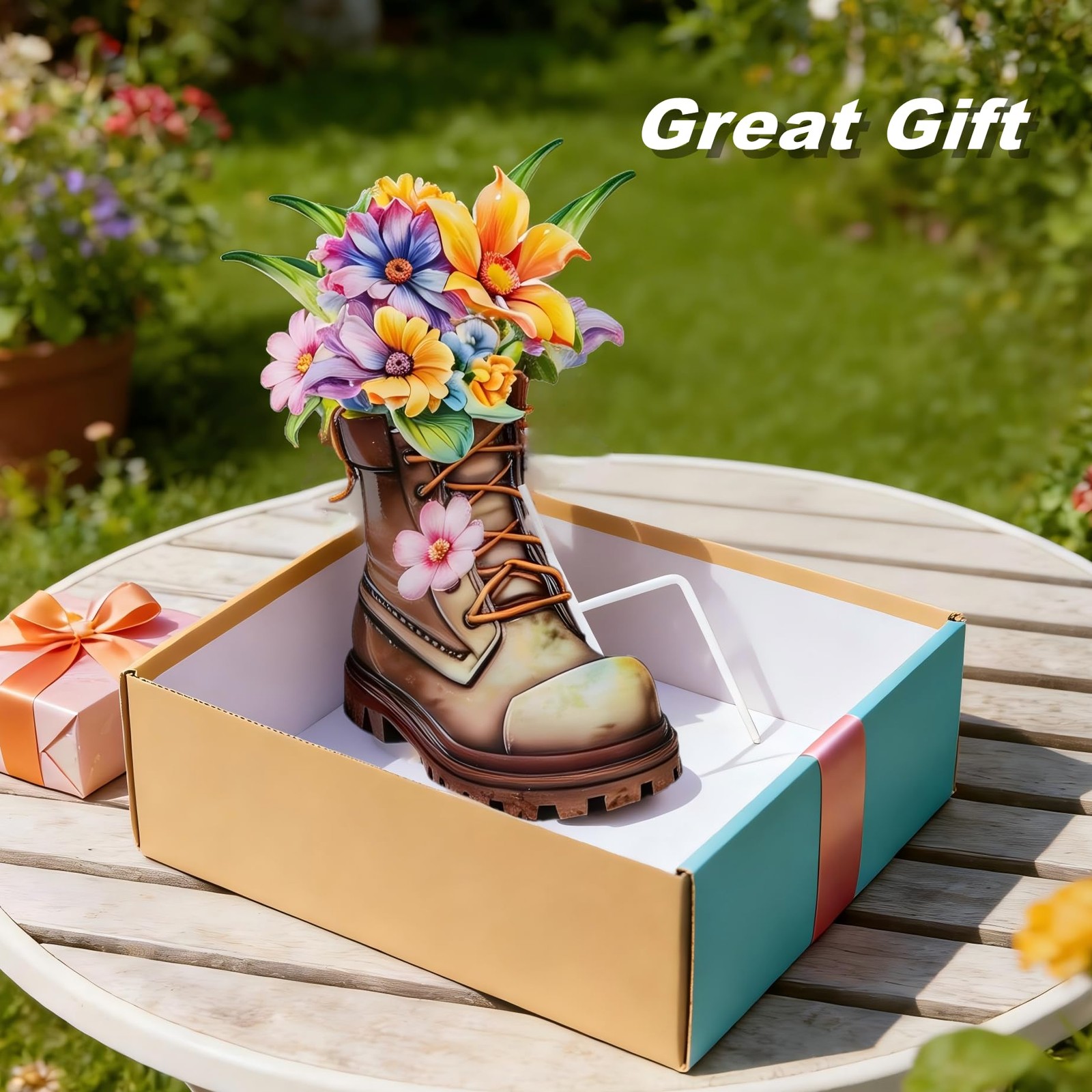 Garden Decor for Outside, 23″ Decorative Garden Stakes Metal Boot with Flower…