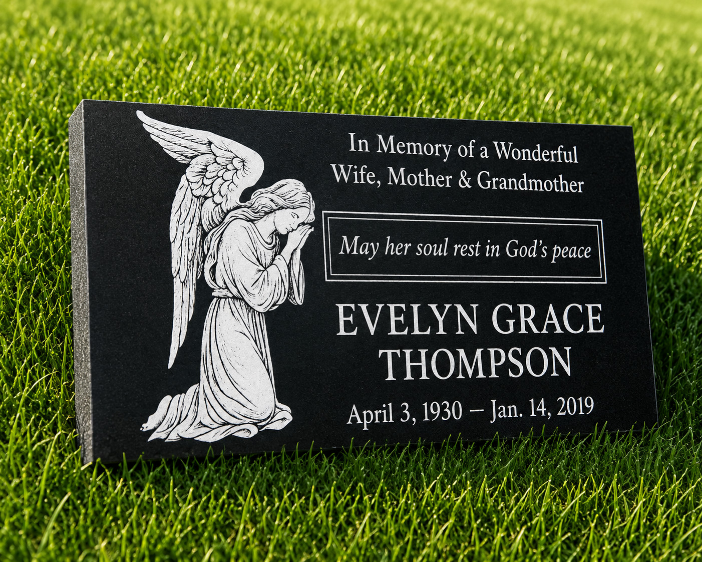 Custom Black Granite Angel Memorial Grave Marker w/ Portrait