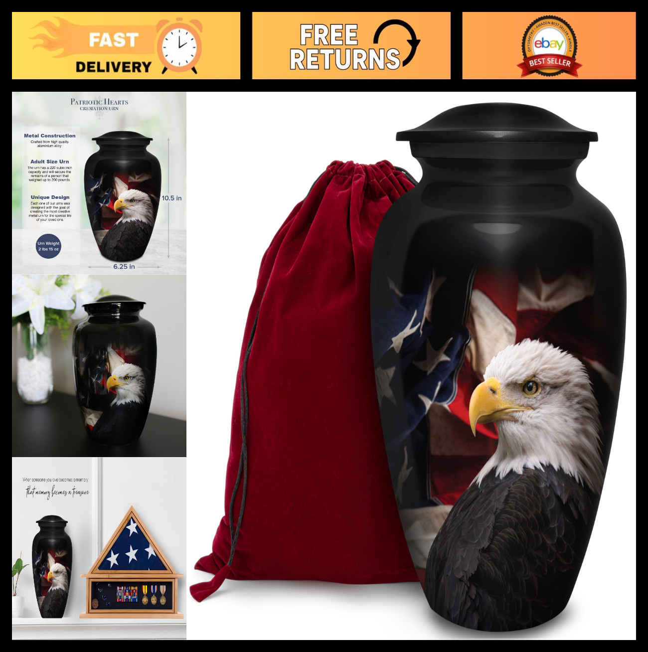 Patriotic Eagle Urn for Ashes | American Flag Cremation Urn, Medium Size, Handma