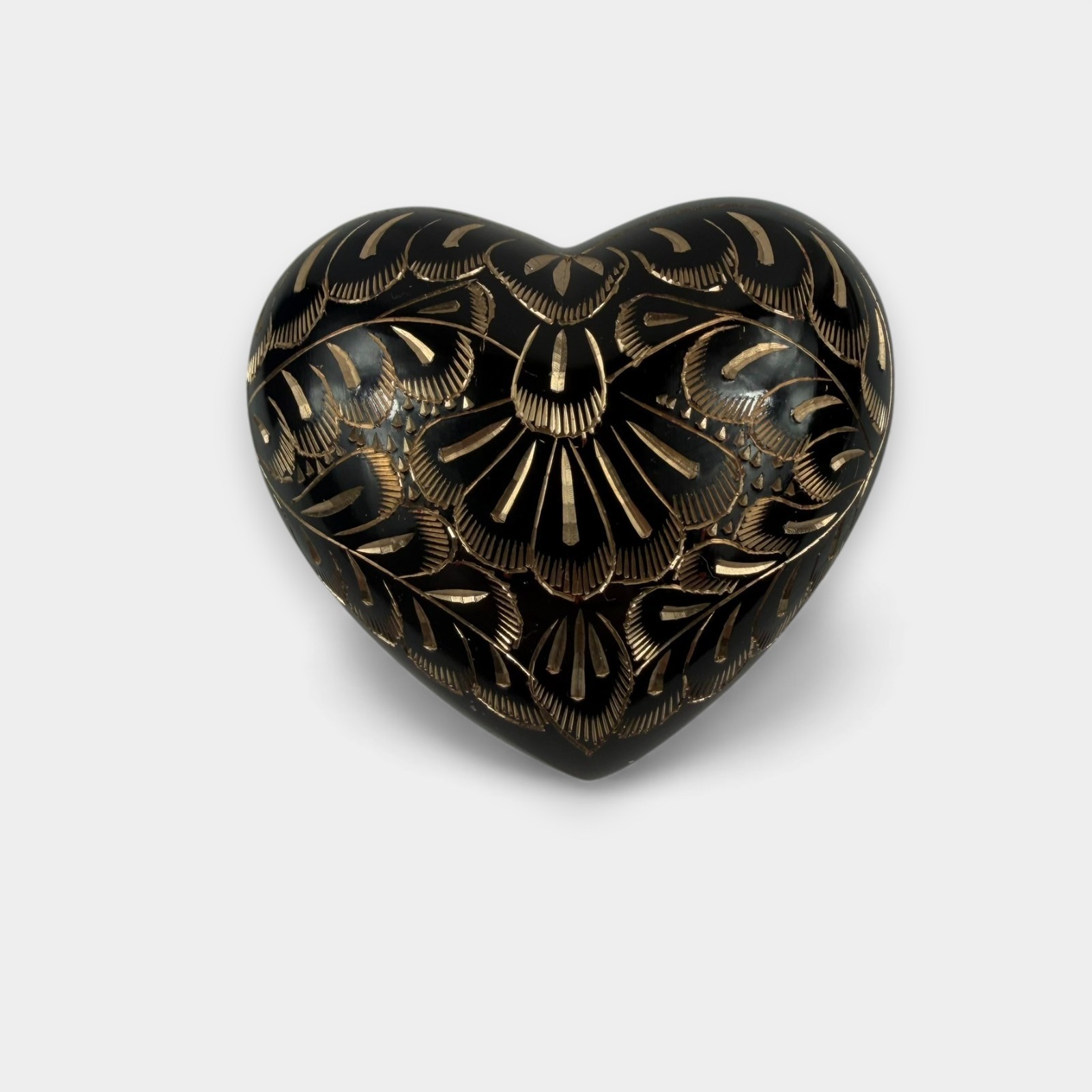 Crescent Memorial Heart Urn – Black Painted Brass w/ Gold Etching – Velvet Box