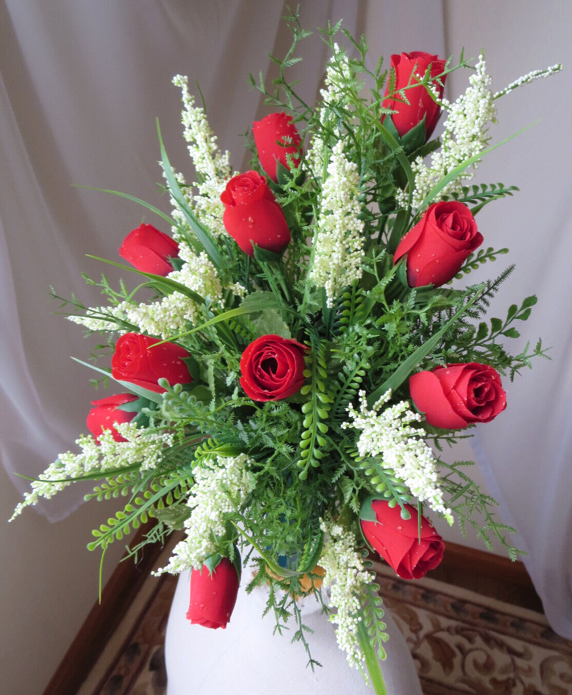 MEMORIAL CEMETERY GREEN VASE ARTIFITIAL FLORAL ARRANGEMENT 18″x 14″ NEW