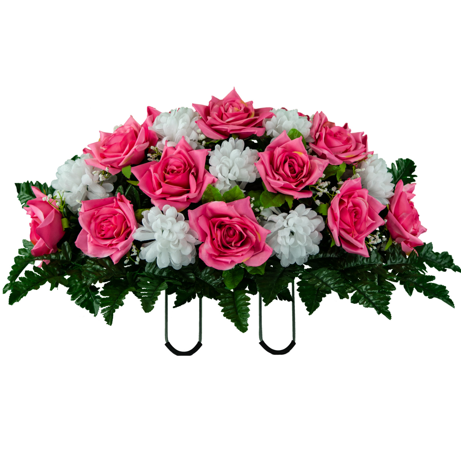 Artificial Cemetery Saddle- Beauty Pink Open Rose with White Mum Saddle
