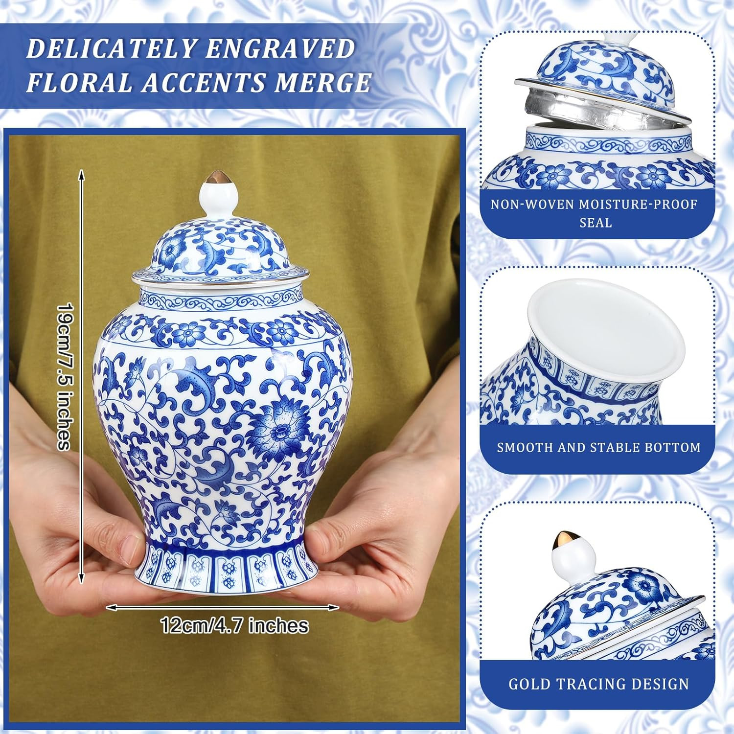 Small Blue Ceramic Cremation Urn for Adult Ashes Exotic Blue and White Porcelain
