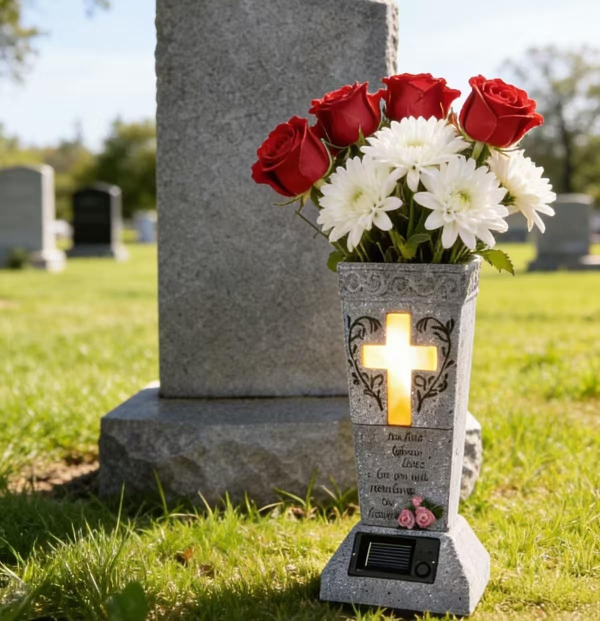 Durable Solar-Powered Grave Decor with LED Cross – Sympathy Gift for Loved Ones