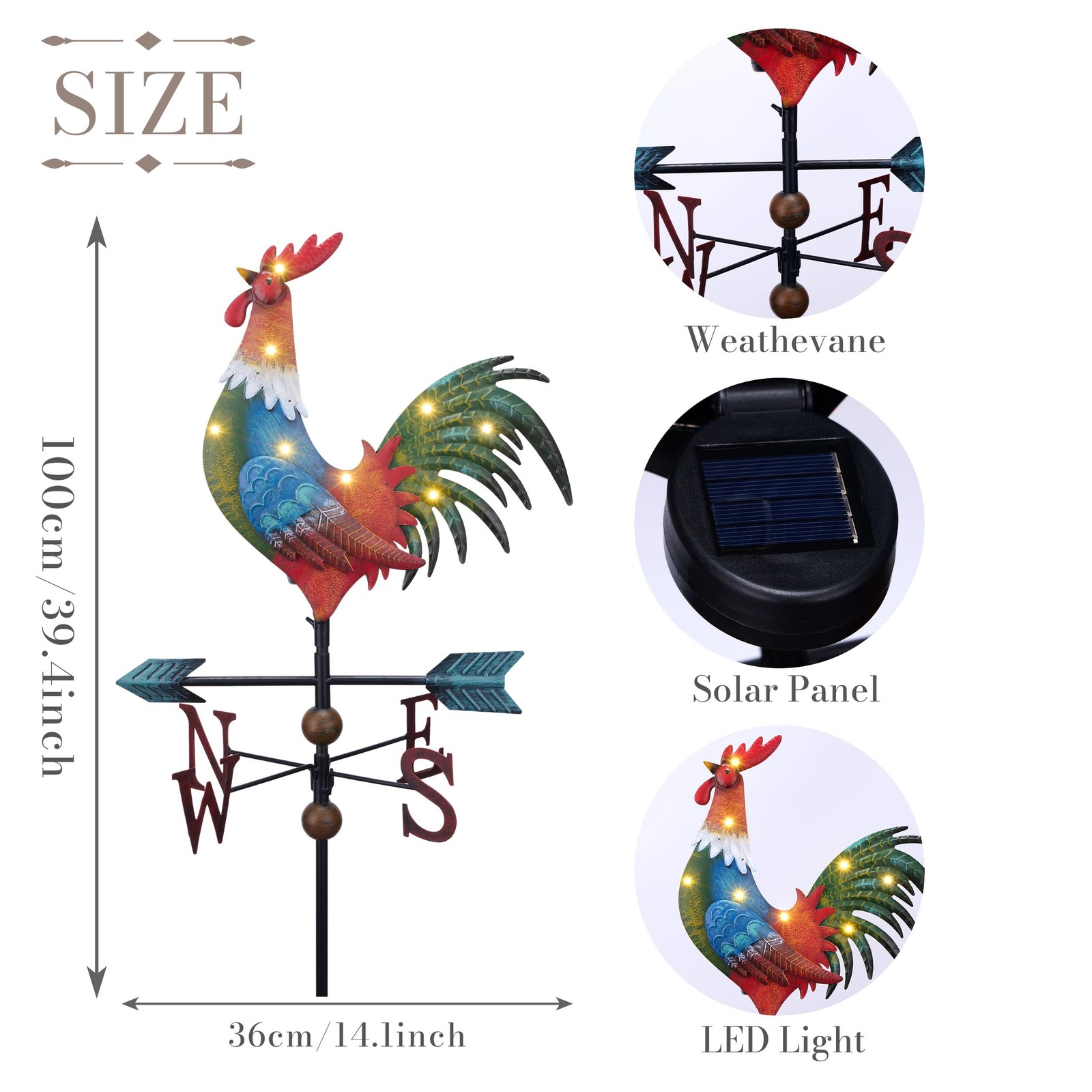 Garden Decor with Solar Outdoor Lights, Red Rooster Yard Art Sign for Outside…