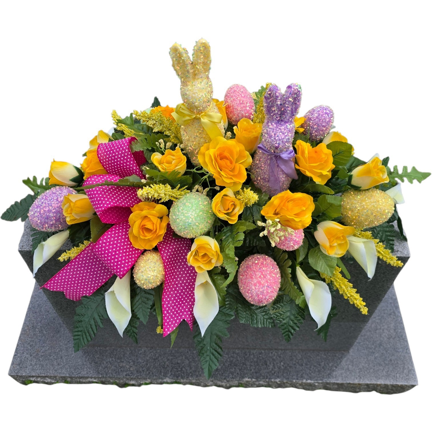 EASTER HEADSTONE SADDLE, YELLOW GRAVE FLOWERS WITH BUNNIES AND EASTER EGGS