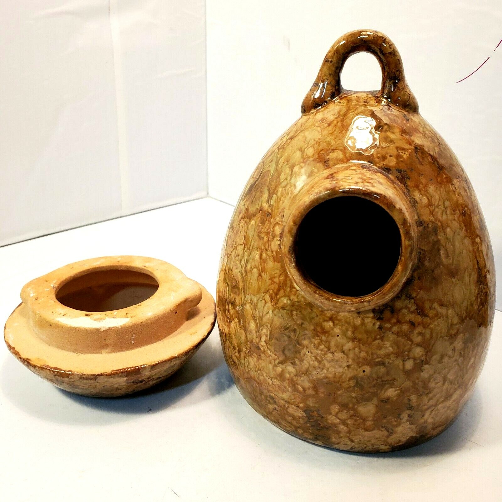 Ceramic Egg Birdhouse Scattering Cremation Urn Glazed Brown Memorial 2 Pcs