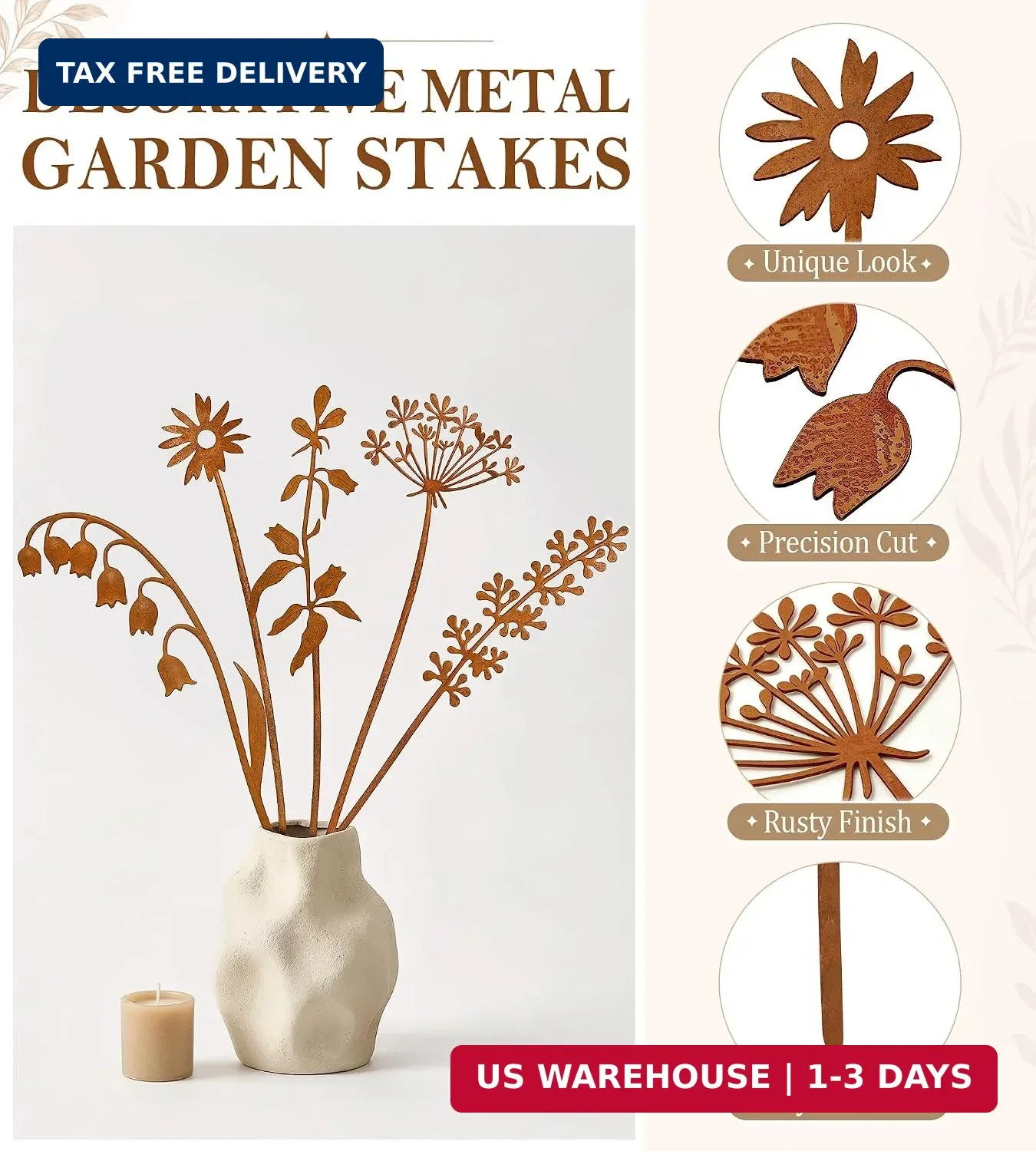 VIS’V Metal Decorative Garden Stakes, 15.7 Inch Rusty Flower Plant Yard Art Stak