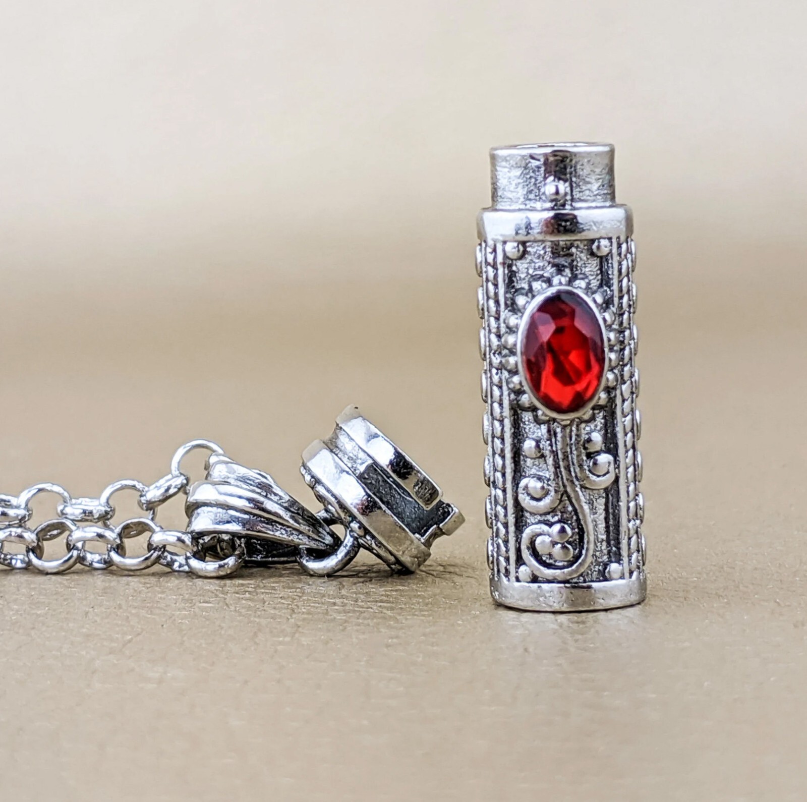 Cremation Urn Necklace w single red stone Jewelry ashes sympathy memorial gift