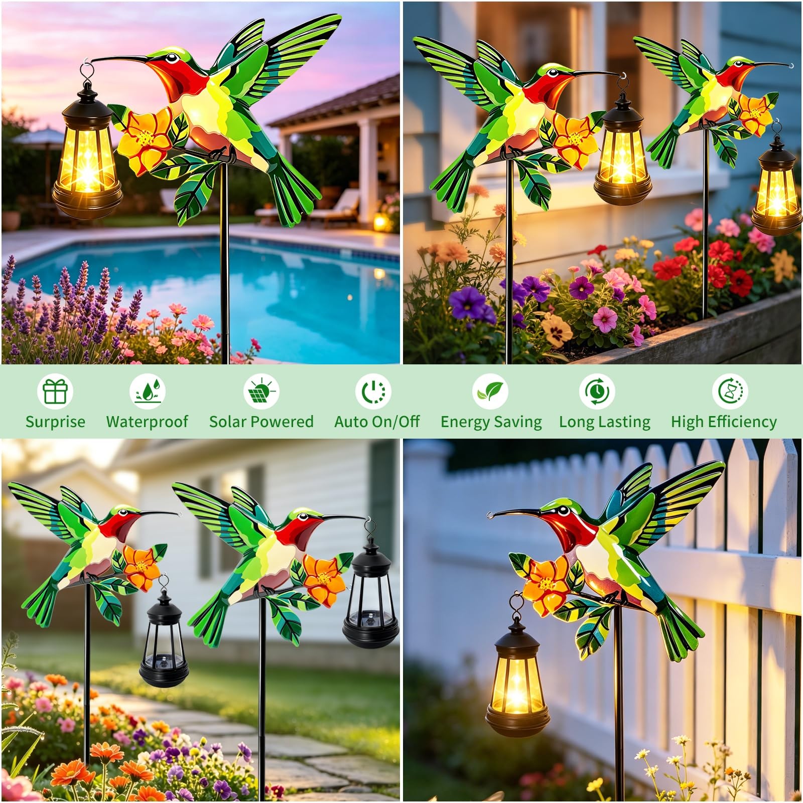 2 Pack Solar Lights Outdoor Waterproof Hummingbird Decorative, 29in Metal Hum…