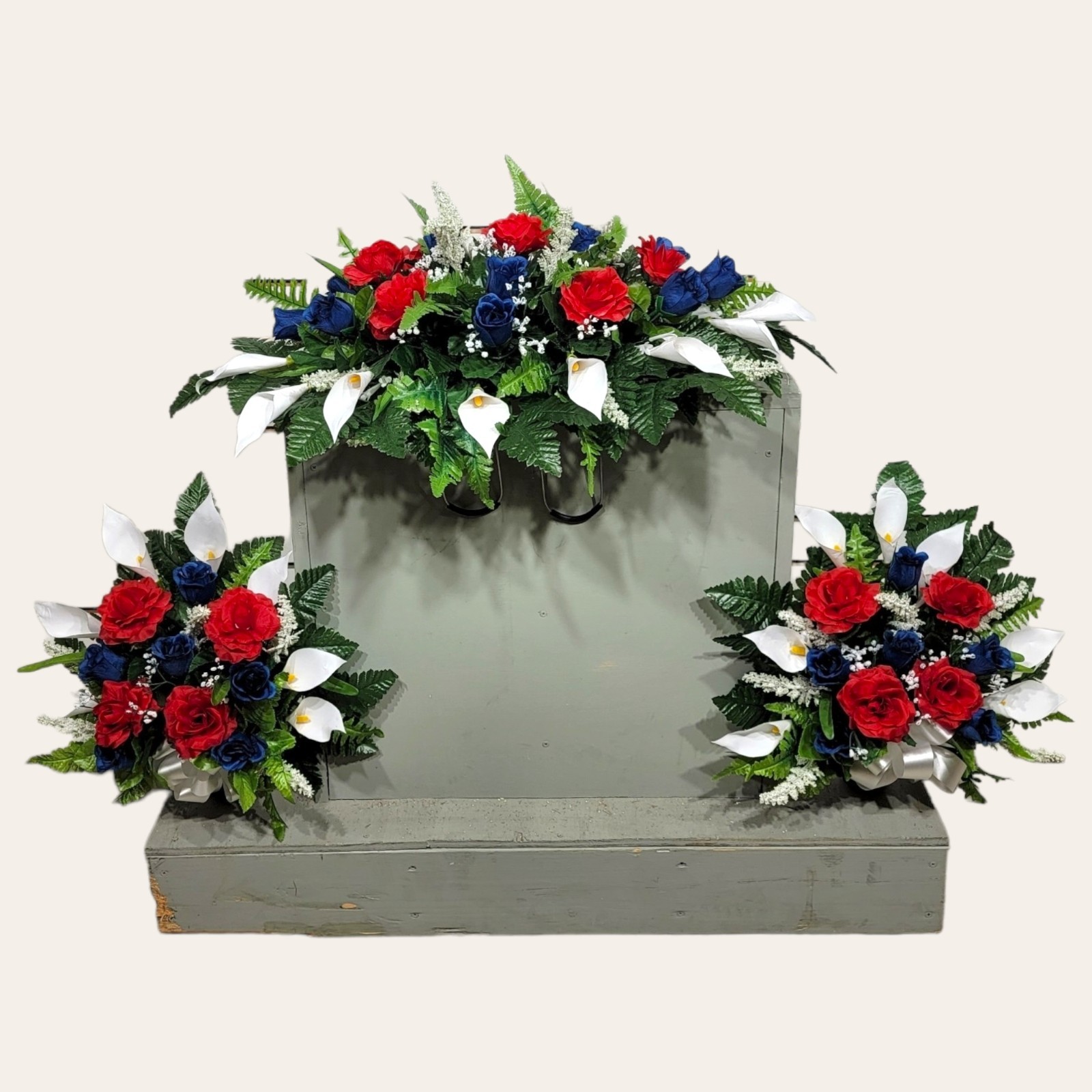 Red & Blue Roses with White Calla Lillies headstone saddle set