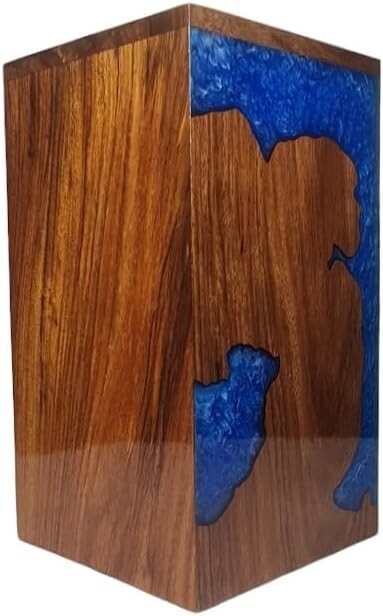 Handmade Rosewood & Resin Carved Wooden Urn for Human Ashes 250cu” Adult – Blue