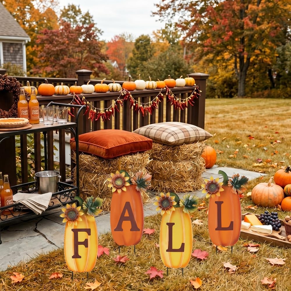 Outdoor Fall Thanksgiving Decorations for Home, 4 PCS Metal Pumpkin Decorativ…