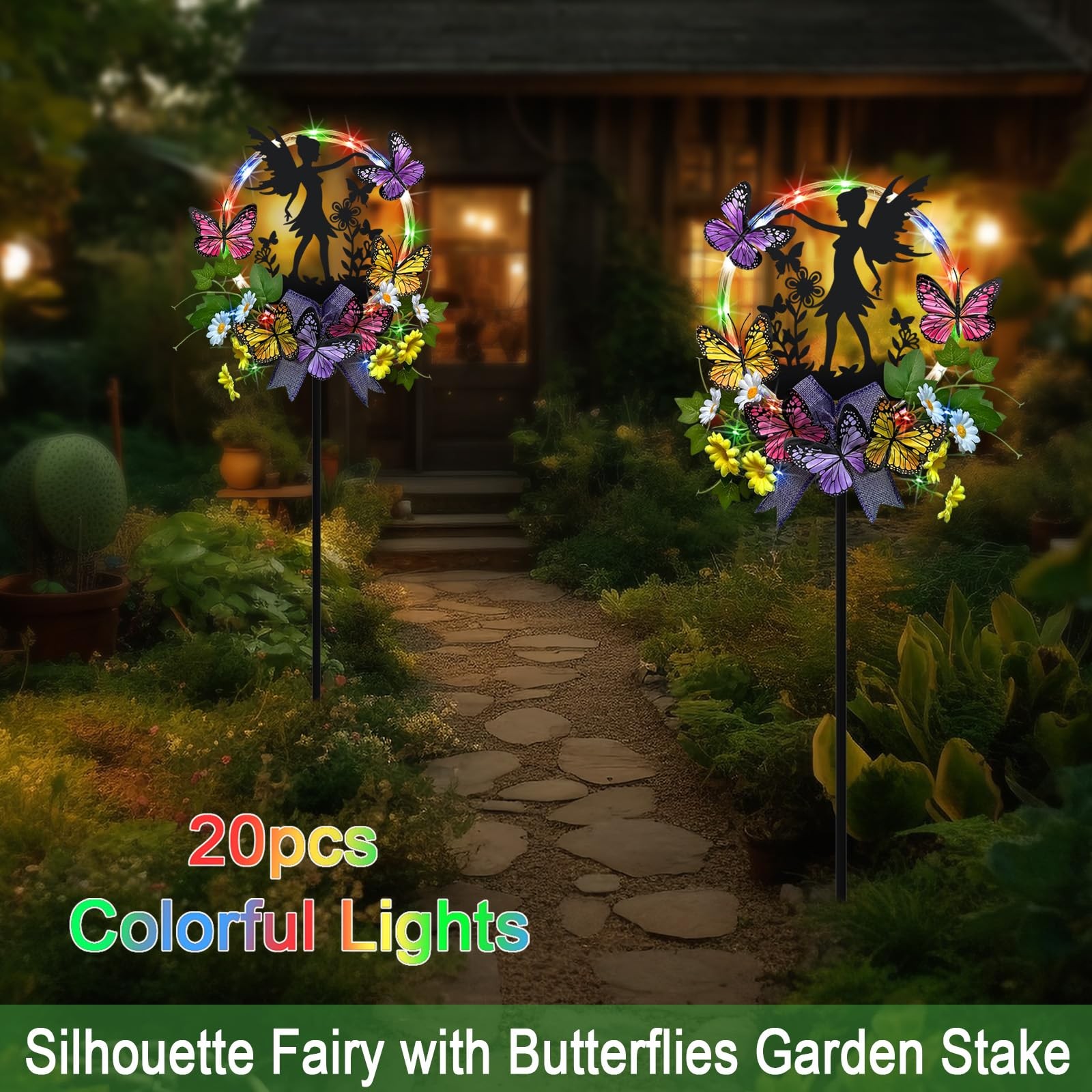 Solar Fairy Garden Decor, Silhouette Fairy with Butterflies Garden Stake,Wate…