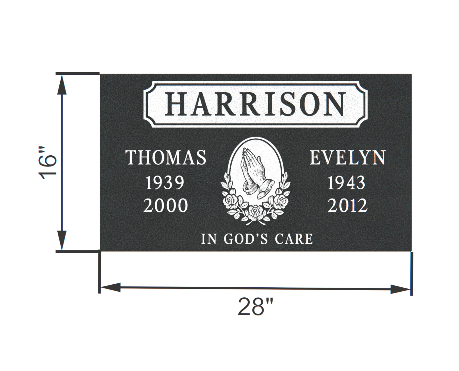 Custom Black Granite Companion Headstone 28x16x3 – Praying Hands Design