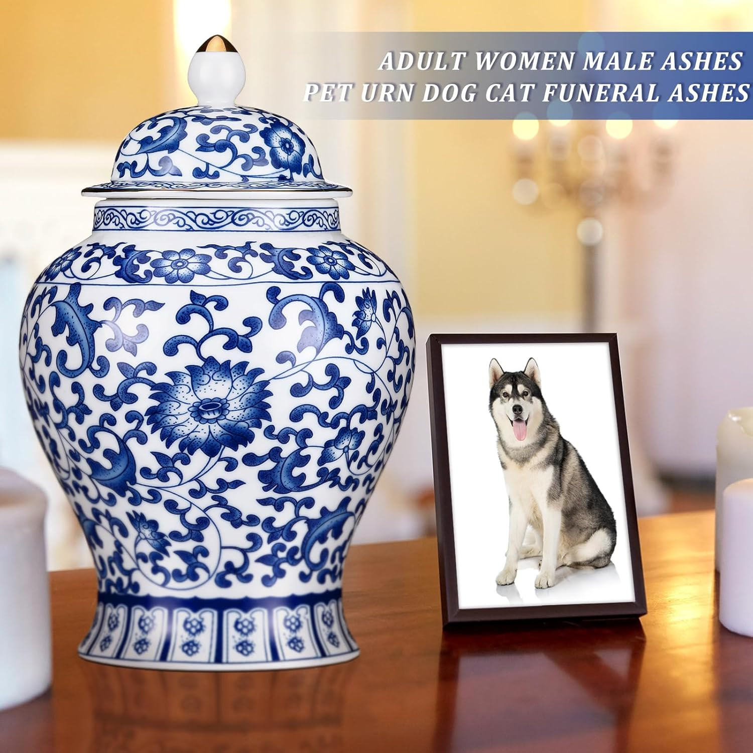 Small Blue Ceramic Cremation Urn for Adult Ashes Exotic Blue and White Porcelain