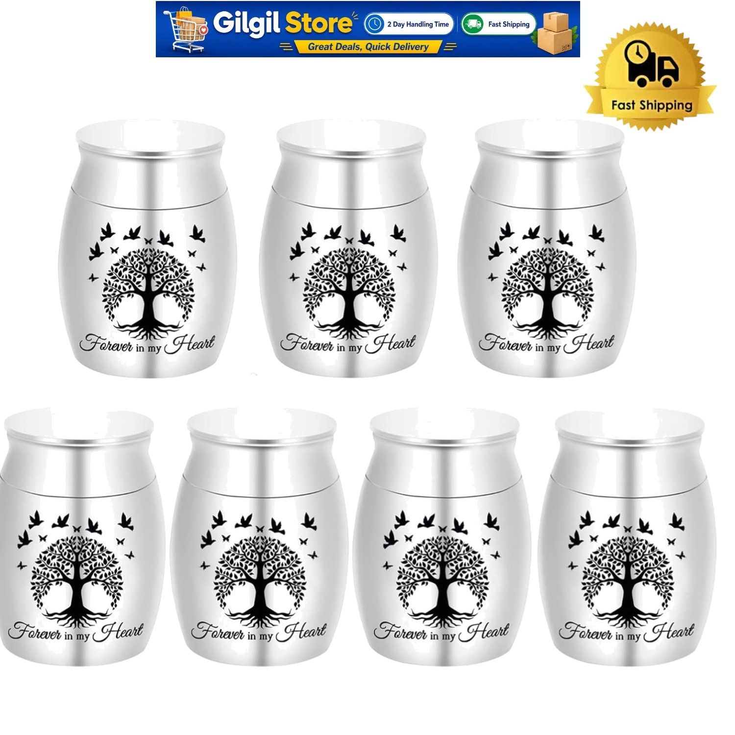 Forever in My Heart – 7pcs Stainless Steel Mini Urns for Human Ashes & Keepsakes