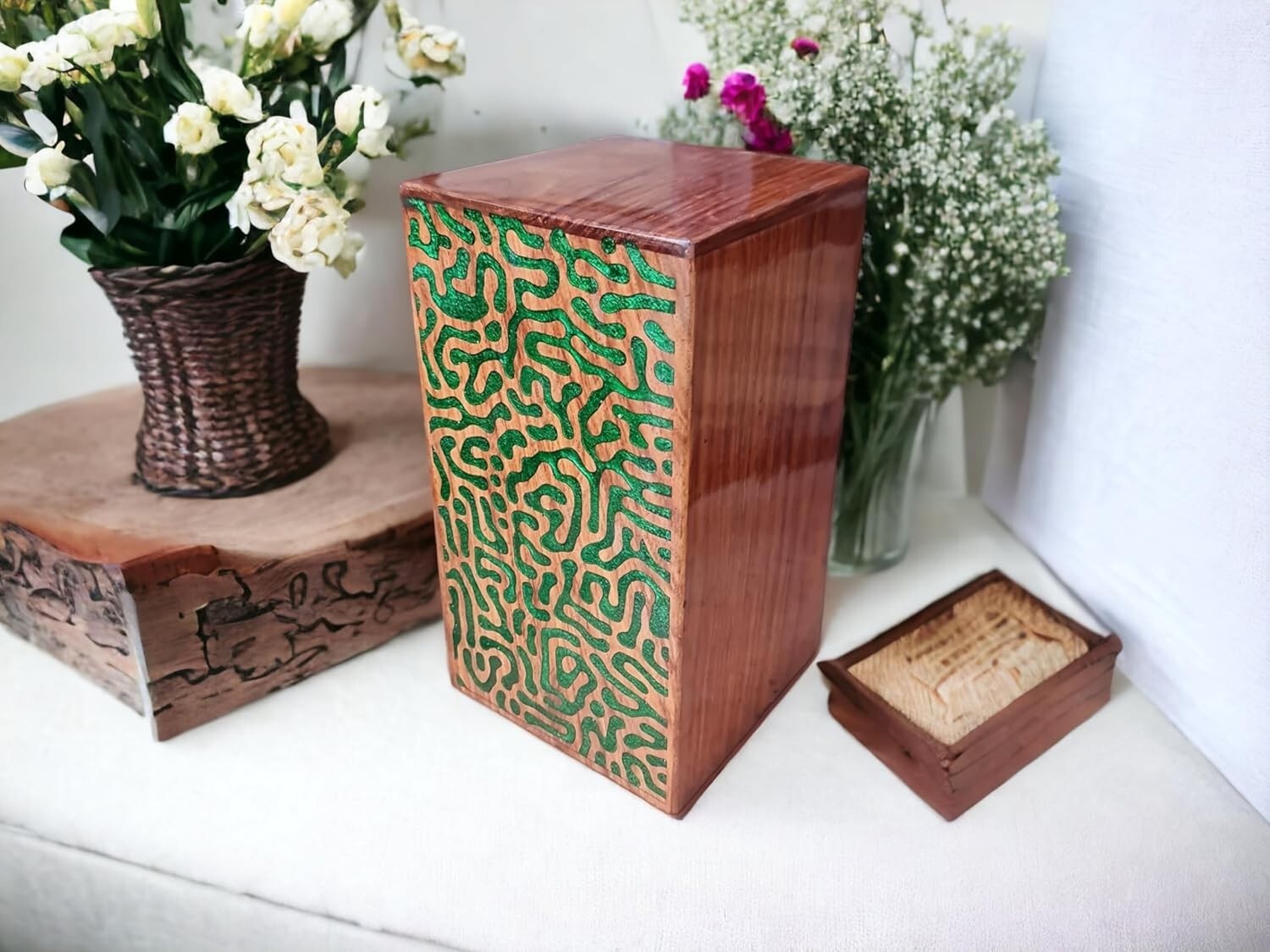 Handmade Rosewood & Resin Carved Wooden Urn for Human Ashes 250cu” Adult – Green