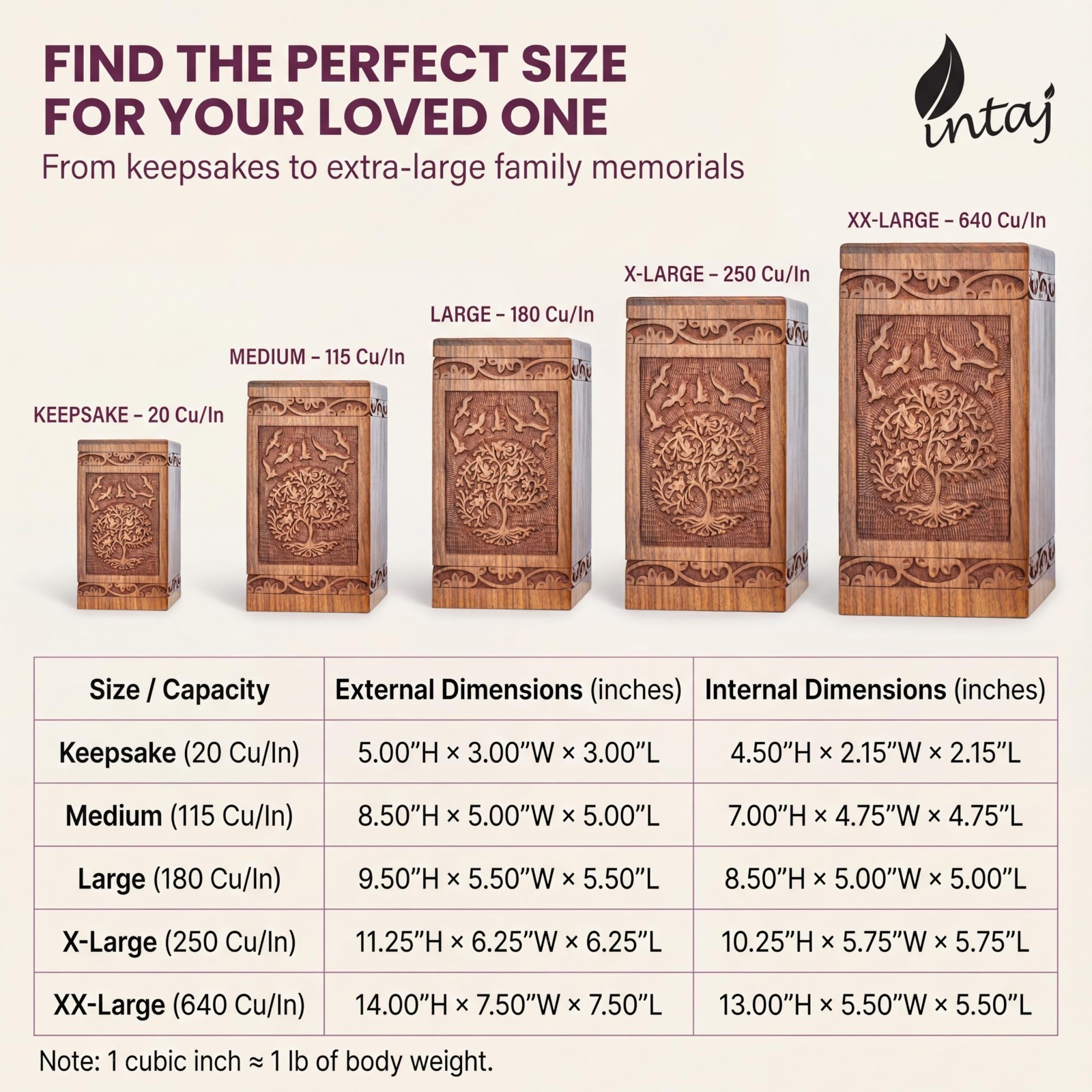Handcarved Wooden Cremation Urn for Human Ashes – Tree of Life, 250 lbs Capacity