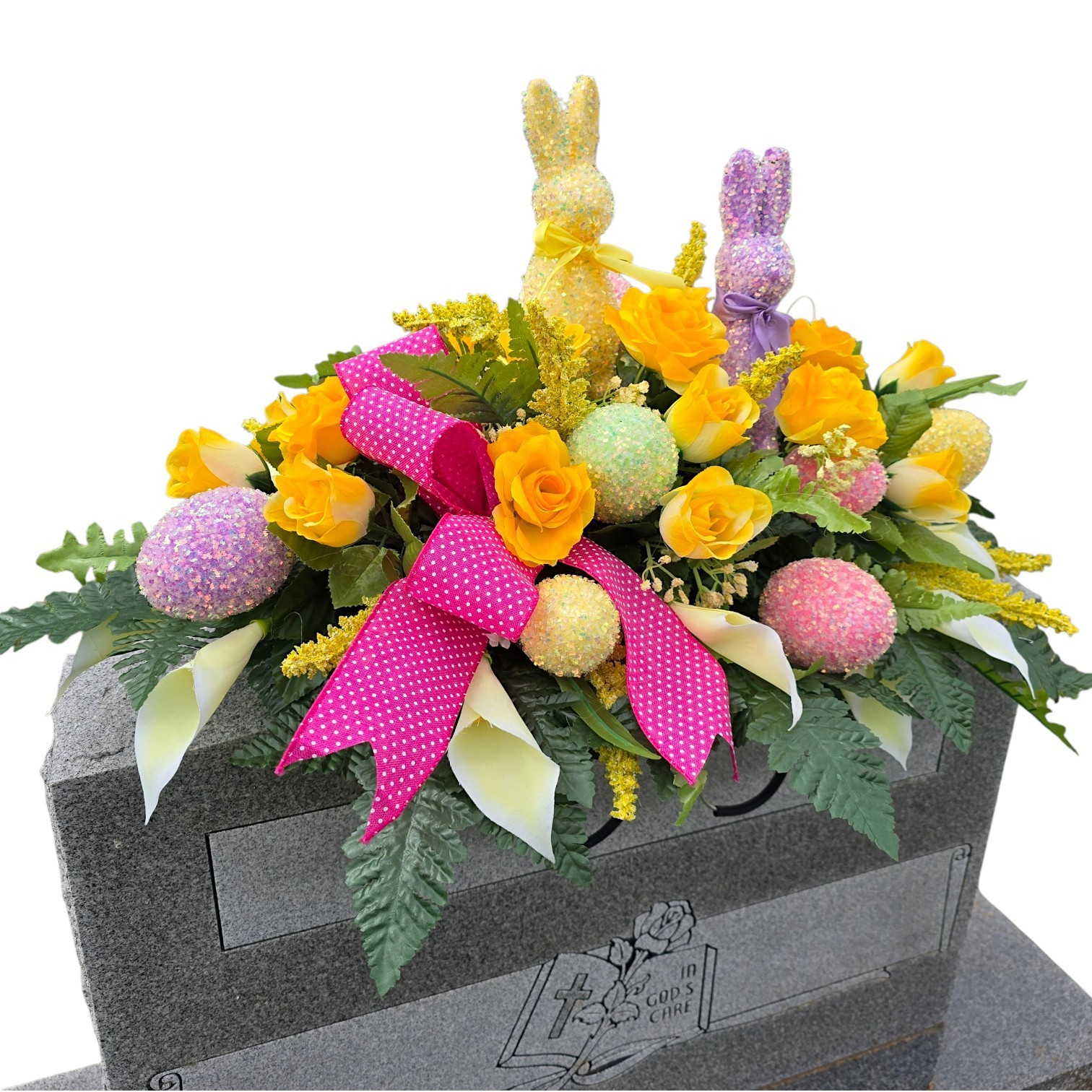 EASTER HEADSTONE SADDLE, YELLOW GRAVE FLOWERS WITH BUNNIES AND EASTER EGGS