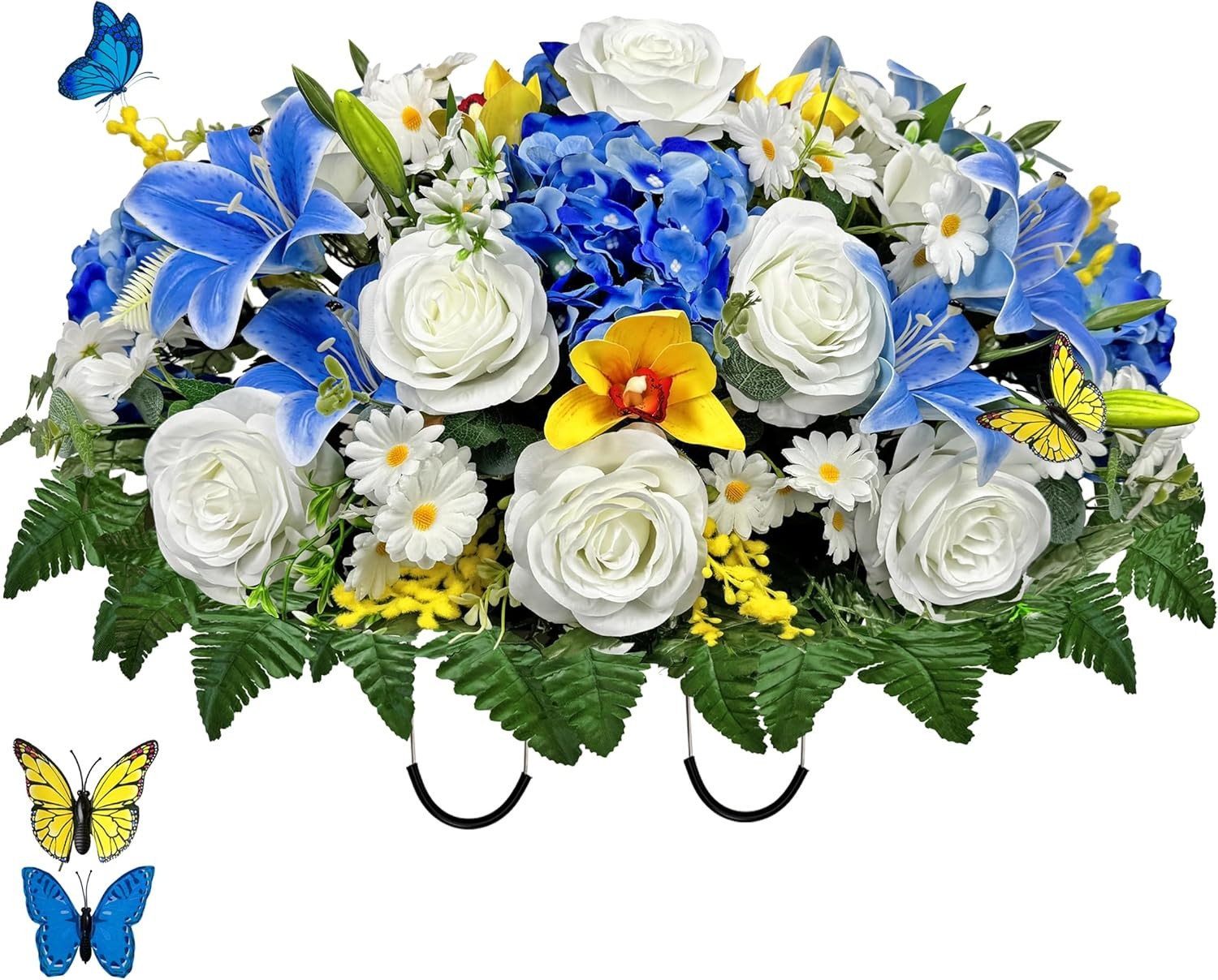 Artificial Cemetery Flower for Grave,Headstone Flower Saddle – Blue Rose Daisy L
