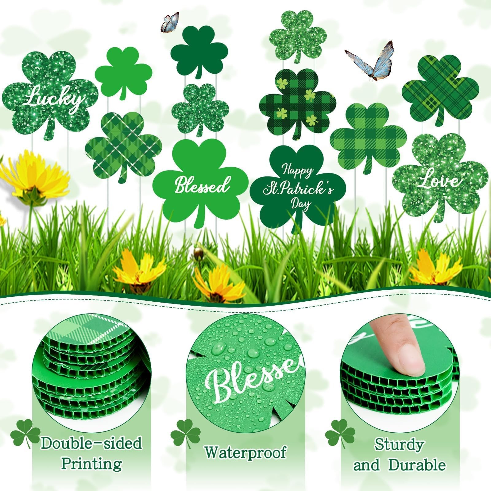 12 Shamrock Planter Stakes St. Patrick’s Day Garden Signs & Outdoor Decor
