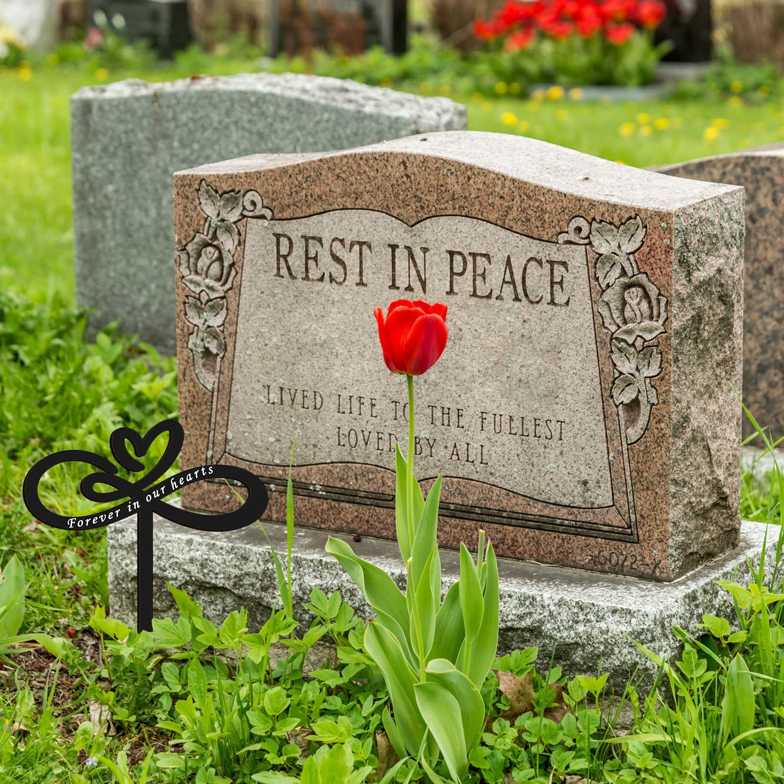 Memorial Plaque Stake Heart Forever In Our Hearts Cemetery Grave Marker Black