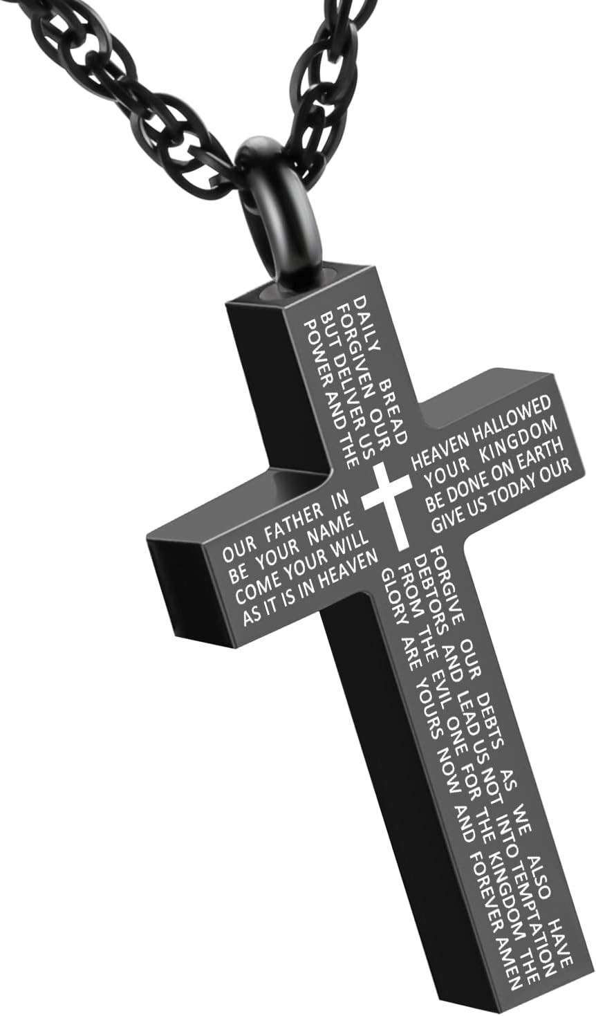 Cremation Cross Urn Necklace for Ashes Memorial Lords Prayer Jewelry Men Women