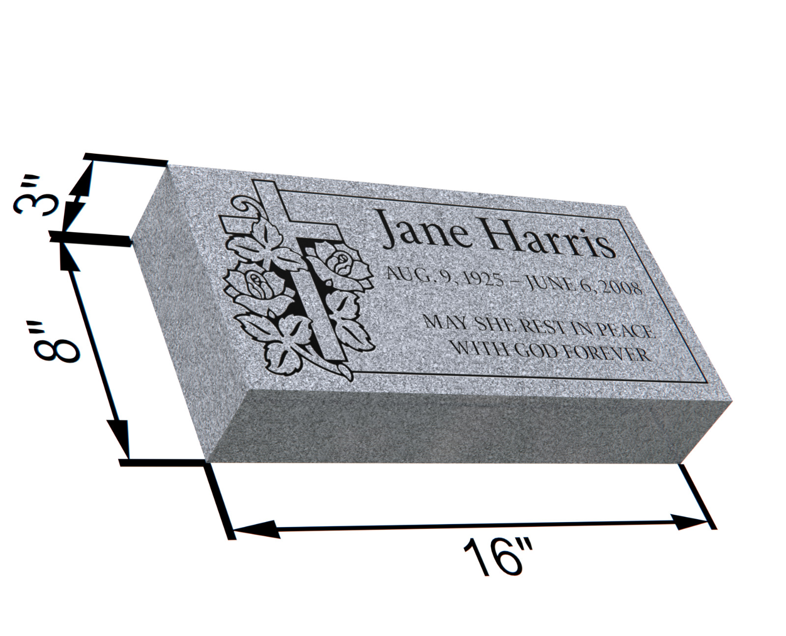 16×8×3″ Gray Granite Grave Marker – Custom Engraved Flat Headstone with Cross
