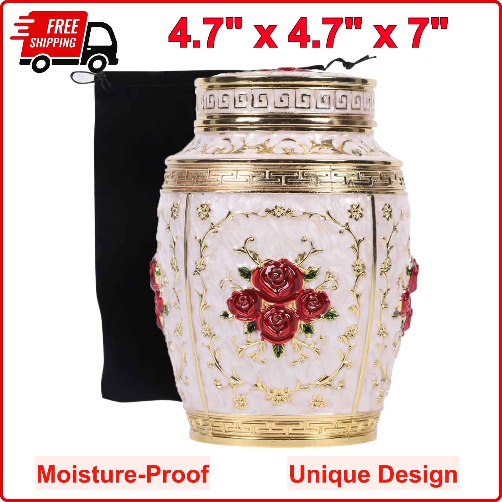 Medium Urn for Human Ashes – Rose Cremation Urn for Ashes Women Mom, Metal, Zinc