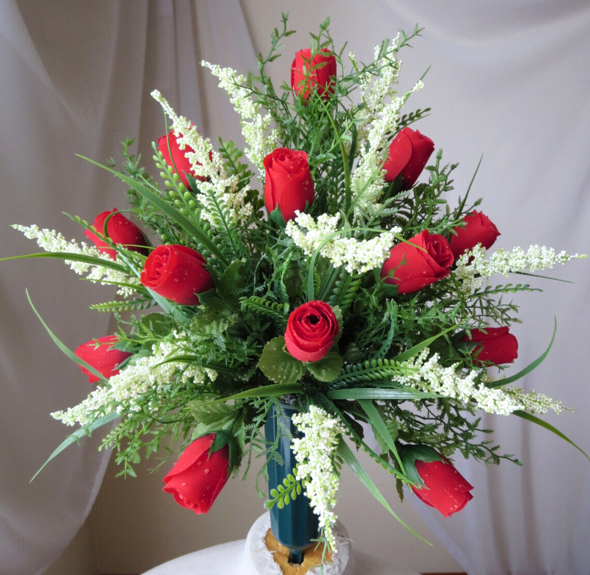 MEMORIAL CEMETERY GREEN VASE ARTIFITIAL FLORAL ARRANGEMENT 18″x 14″ NEW