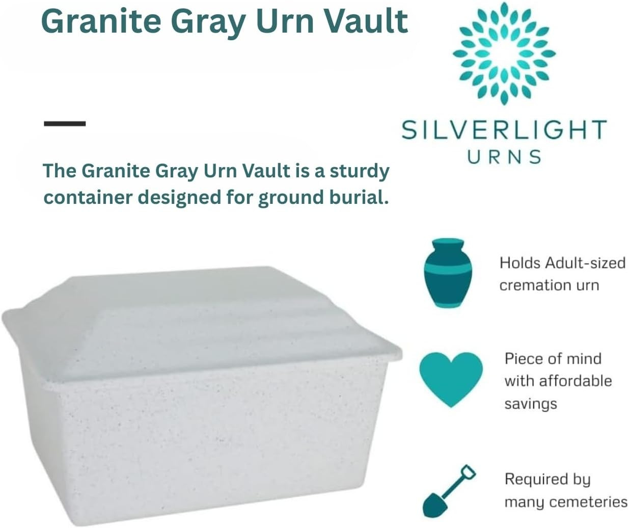 Granite Gray Urn Vault for Ground Burial, Holds One Cremation Urn for Human Ash