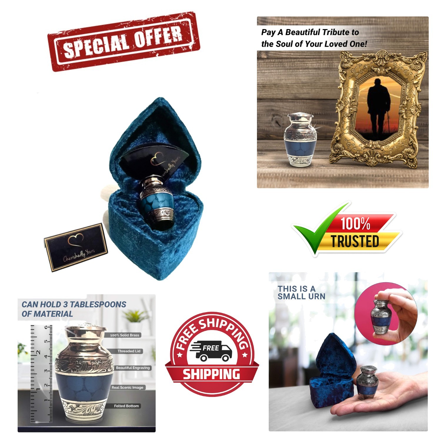 Delicate Keepsake Urn in Blue Brass with Velvet Heart Case – Tribute Gift