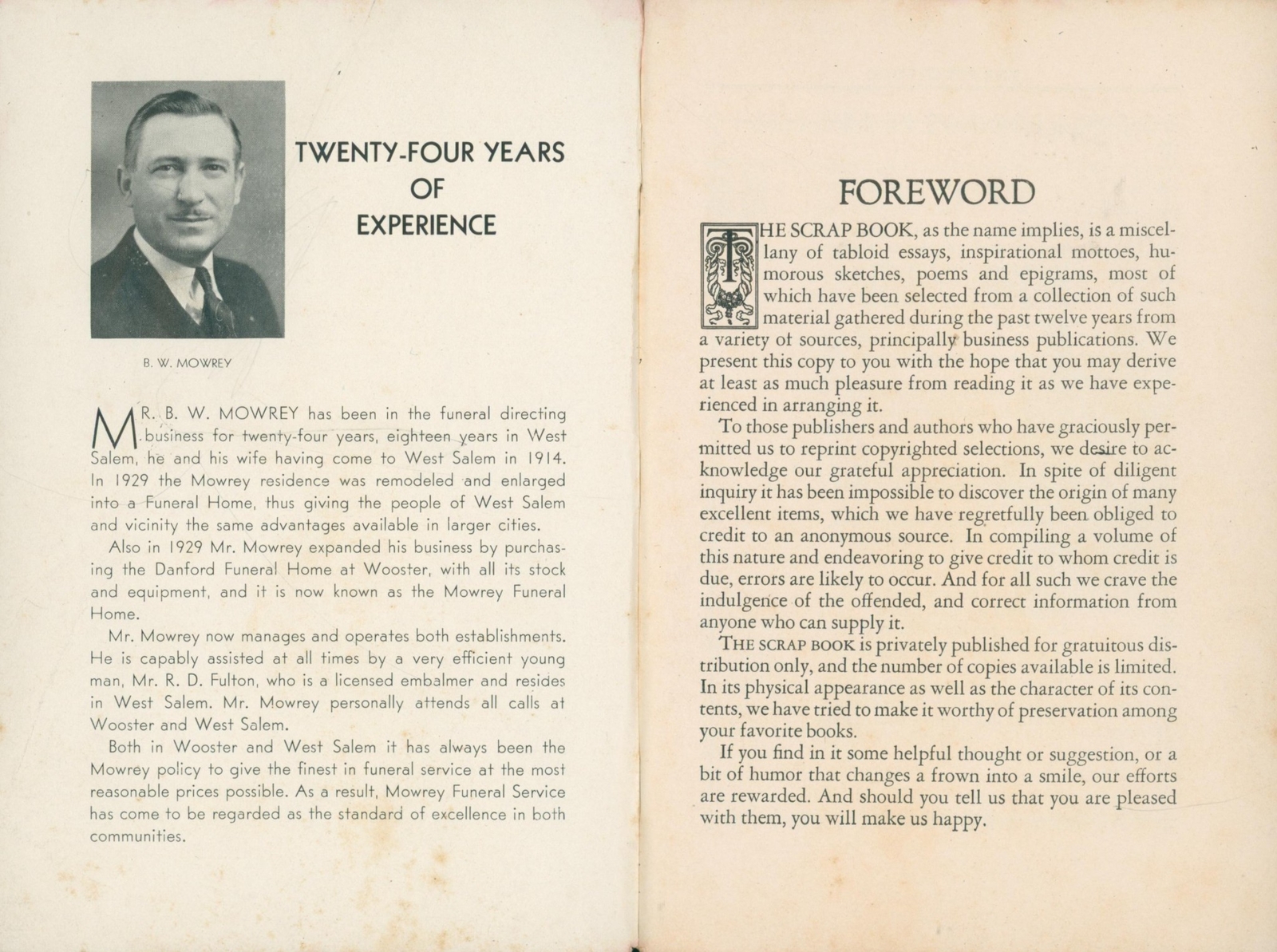 c1949 The Scrap Book Mowery Funeral Home Wooster OH ad Booklet Americana Essays