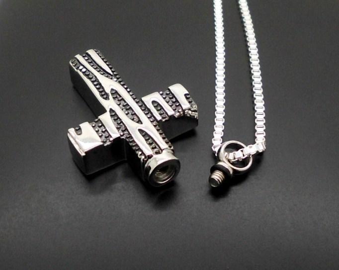316L S/S Black & Silver Keepsake Cross Cremation Funeral Urn Pendant Jewellery