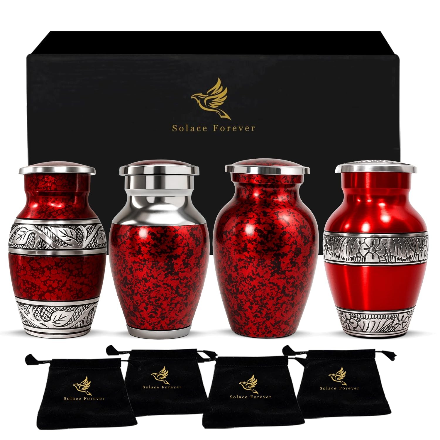 Graceful Small Urns for Human Ashes Keepsake – Elegant Set of 4, Red