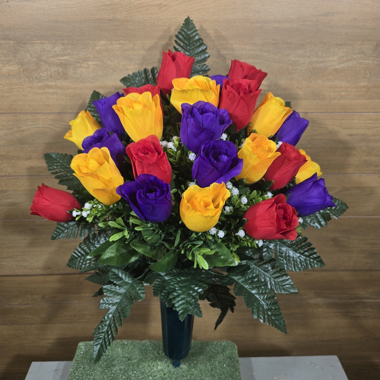 Red, Yellow, and Purple Rosebud Memorial Vase Arrangement with Baby’s breath