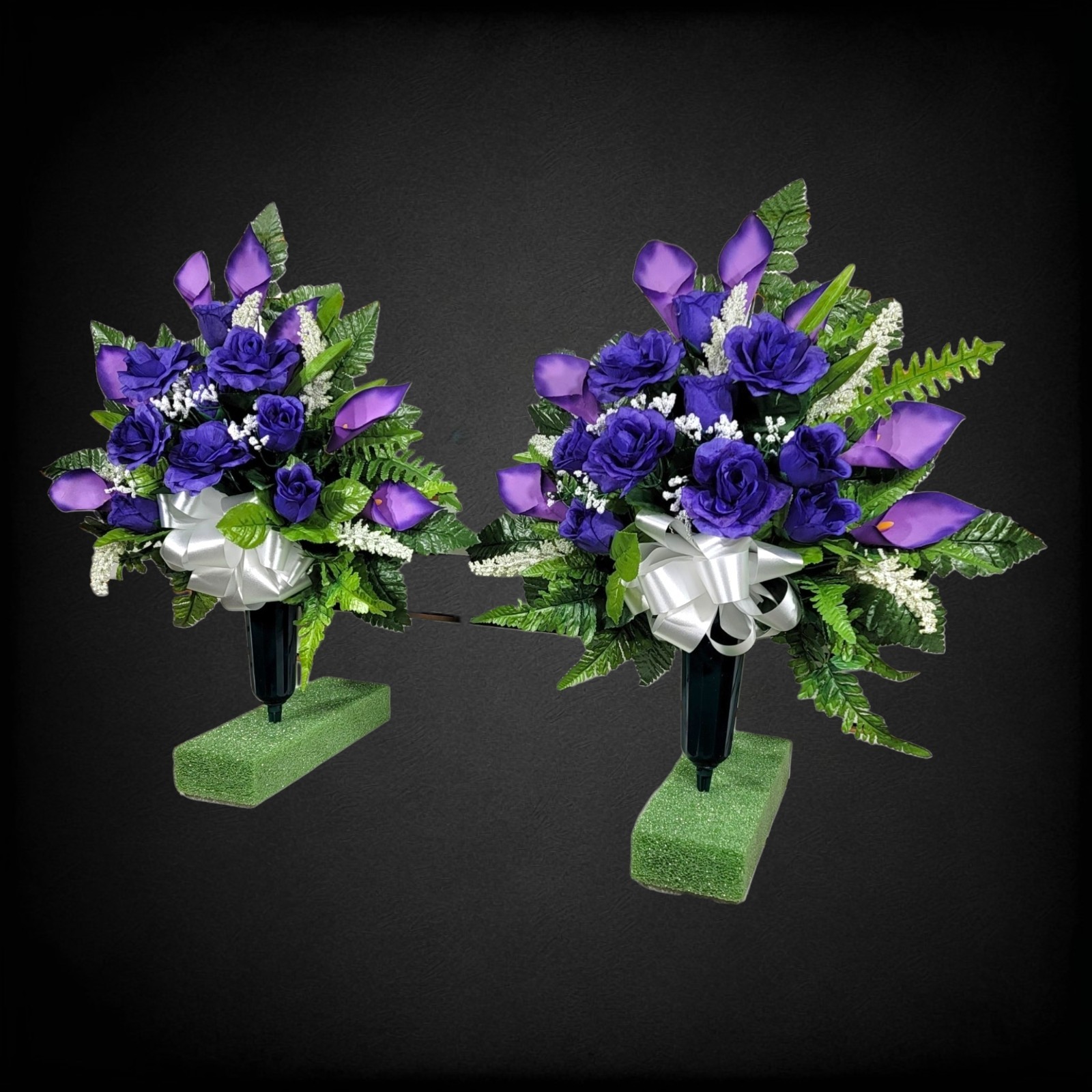 Purple Calla Lily & Rose Cemetery Cone Pair