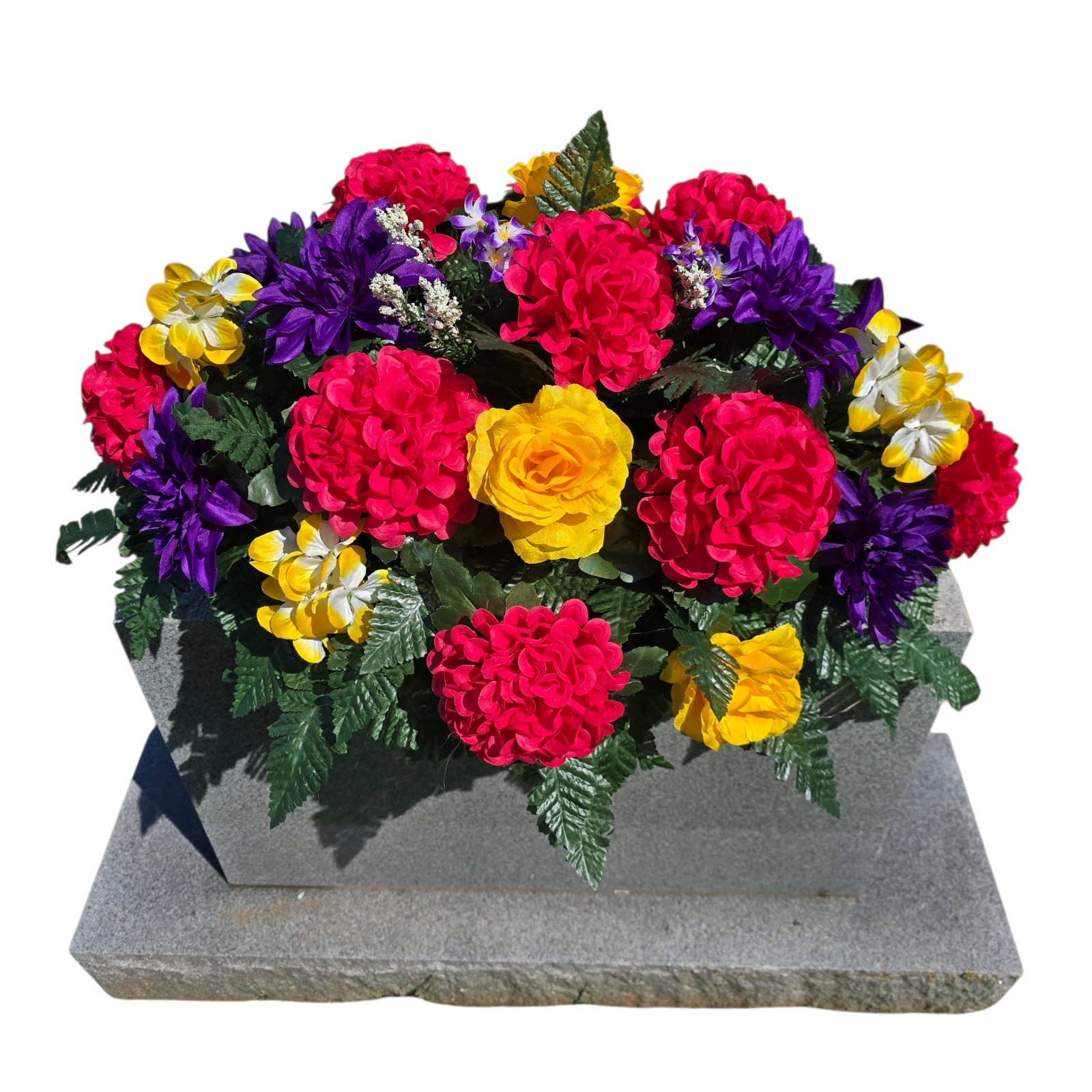PURPLE,YELLOW, AND PINK CEMETERY HEADSTONE SADDLE WITH CEMETERY FLOWERS