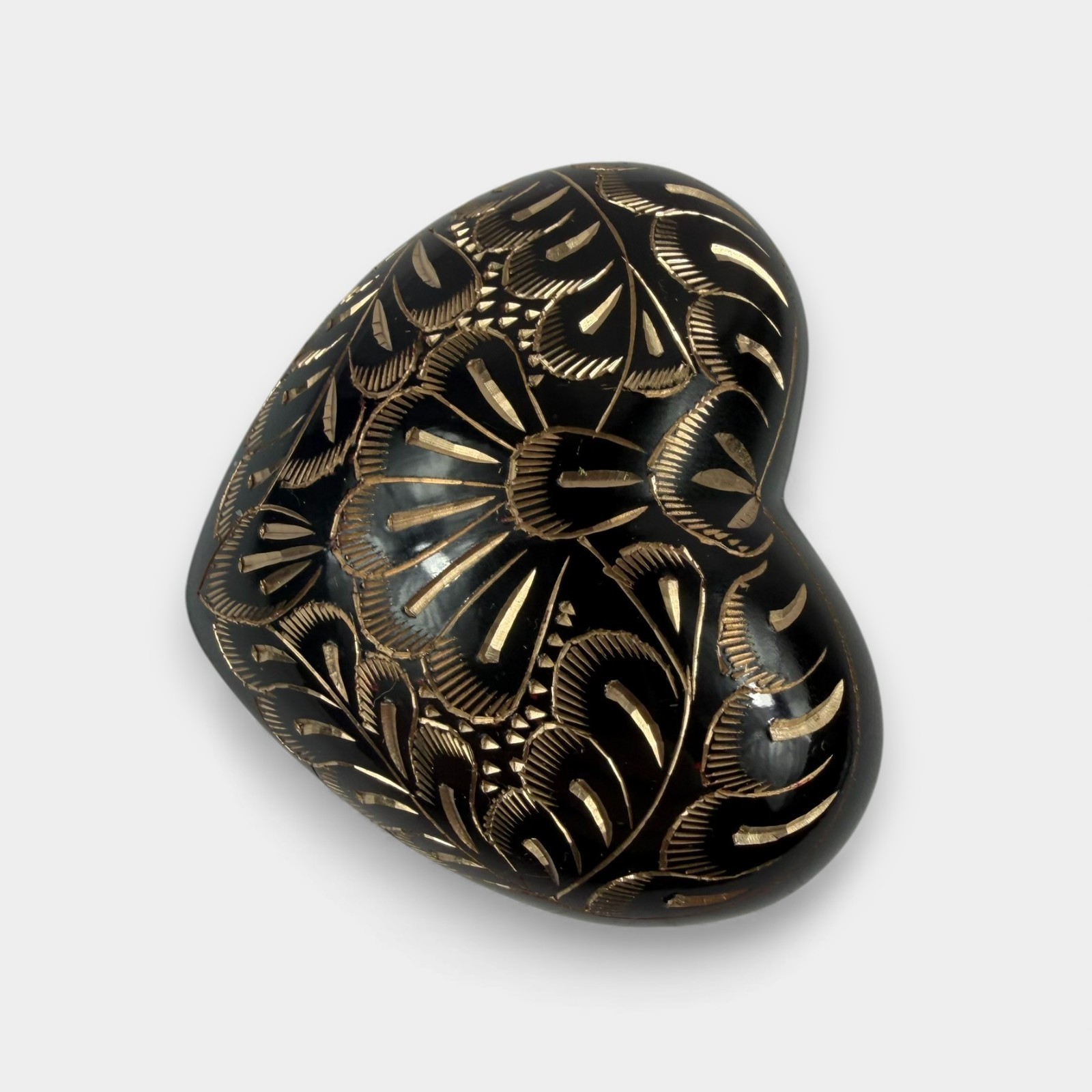 Crescent Memorial Heart Urn – Black Painted Brass w/ Gold Etching – Velvet Box