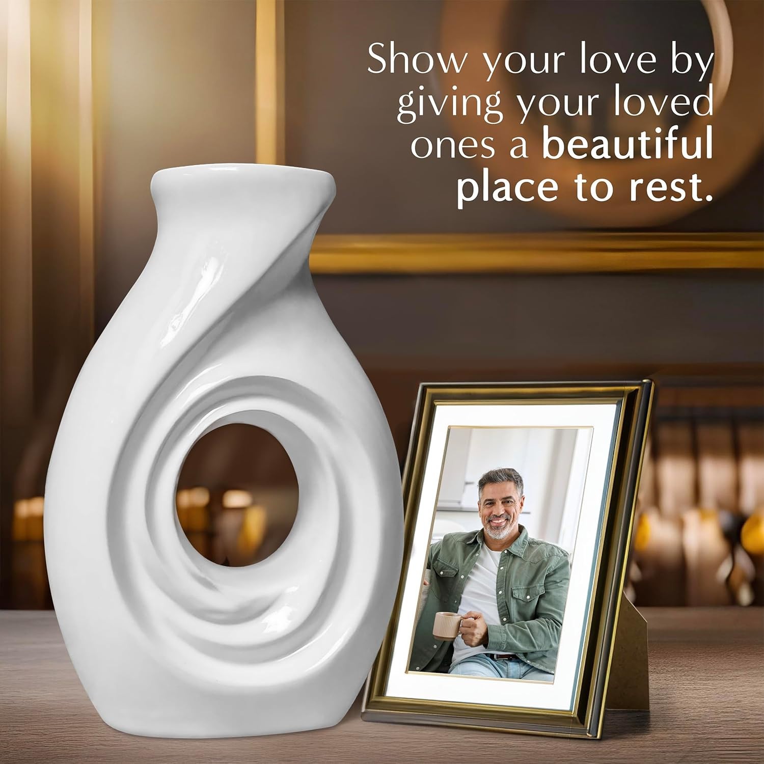 Modern Adult Cremation Urn for Human Ashes, Secure Closure, 12.2″Hx8.2″W, White
