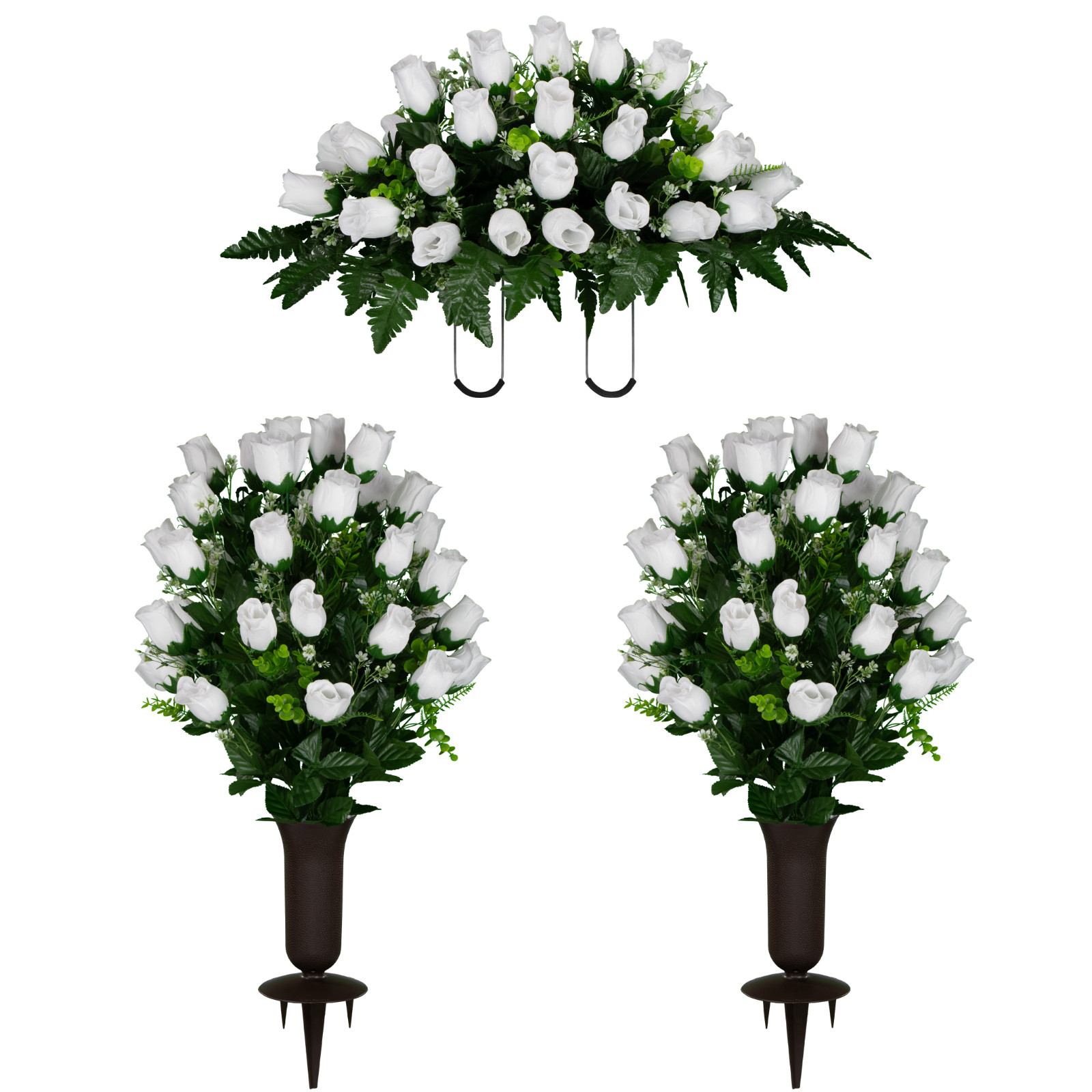 Artificial Gravesite Flowers – White Rose Headstone Saddle, 2 Bouquets and Vases