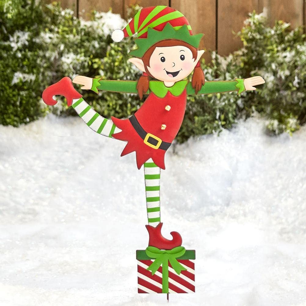 Christmas Elf Garden Stake – Holiday Yard Decoration – Christmas Metal Gnome …