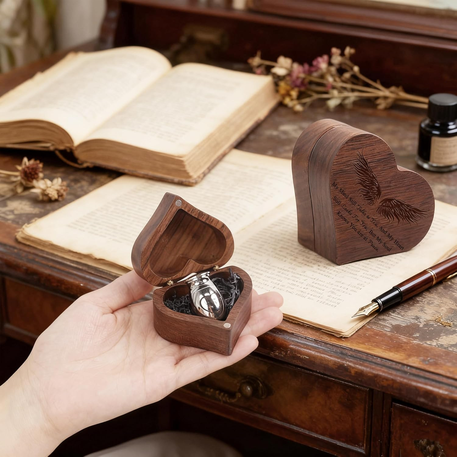 Small Urns for Ashes Heart Shaped Wooden Keepsake Box with Angel Wing Mini Crema